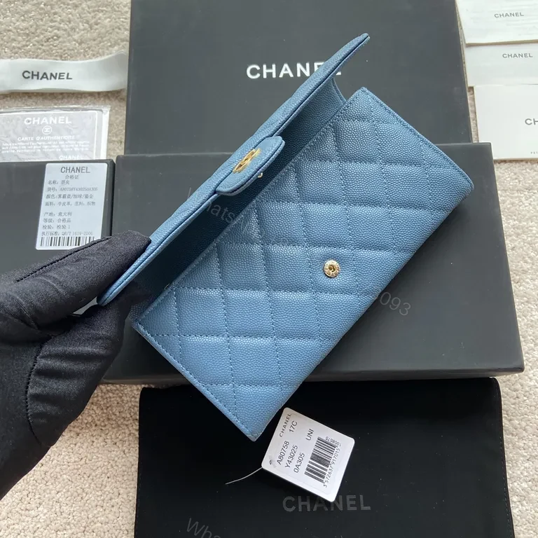 View 6 of Blue Quilted Denim Wallet: Chanel-Style, Gold Hardware, Compact Luxury