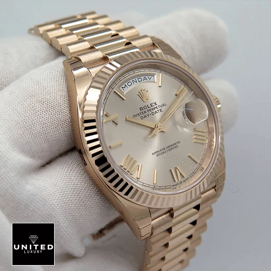 View 9 of Rolex Day-Date 228235 AR Rose Gold Wrapped Rhodium Dial Replica