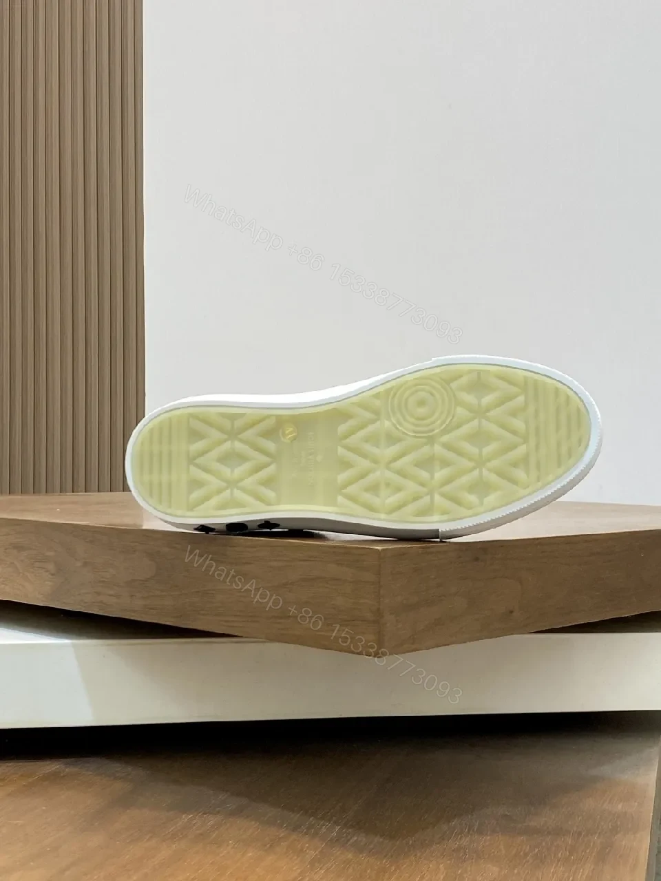 View 2 of White Checkerboard Leather High-Tops with Subtle LV-Style Accents