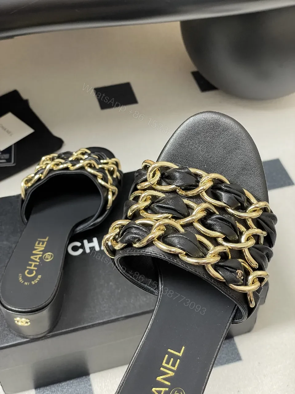View 7 of Black Leather Chain-Detail Mules, Open-Toe, Low Block Heel