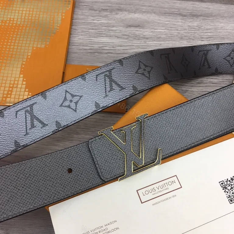 View 5 of Gray Leather Belt with Gold LV-Inspired Buckle