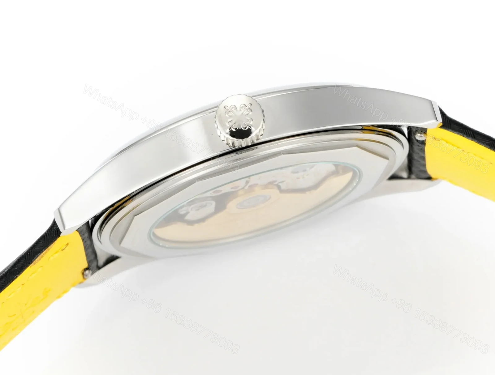 View 6 of Patek Philippe Calatrava Black Dial Stainless Steel Watch with Black Leather Strap Yellow Accents