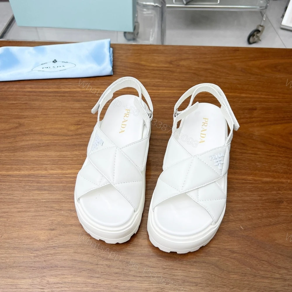 View 4 of PRADA NAPPA LEATHER CRISSCROSS FLATFORM SANDALS IVORY 1XZ777 038 F0304 F 045