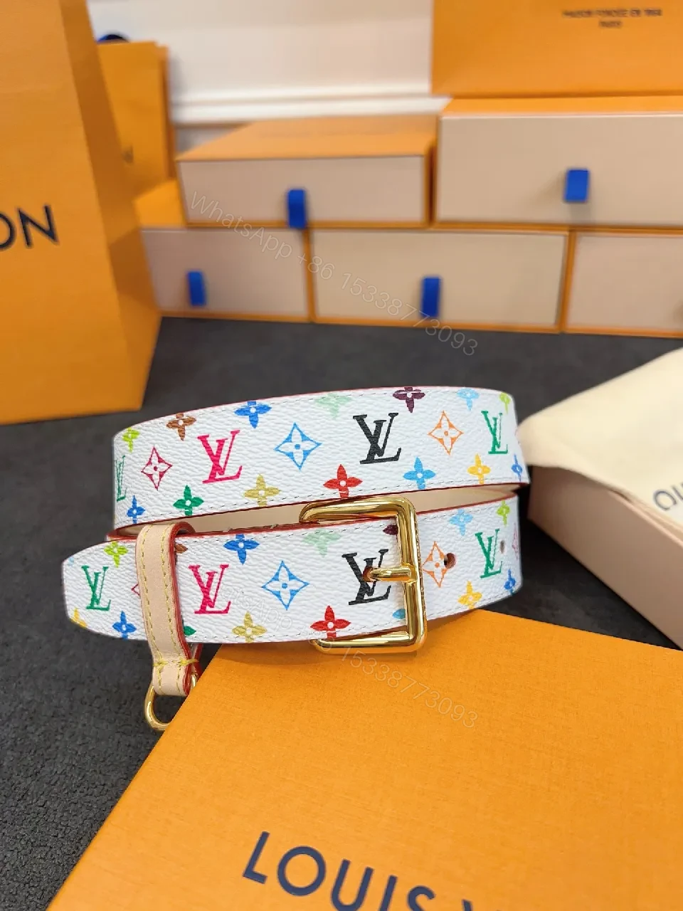 View 8 of Colorful Monogram Belt in Textured Leather with Gold Buckle