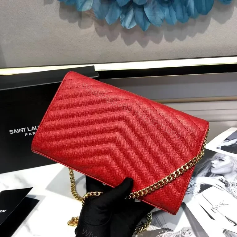 View 3 of Bold Red YSL Wallet On Chain â€” Glamorous Compact Style