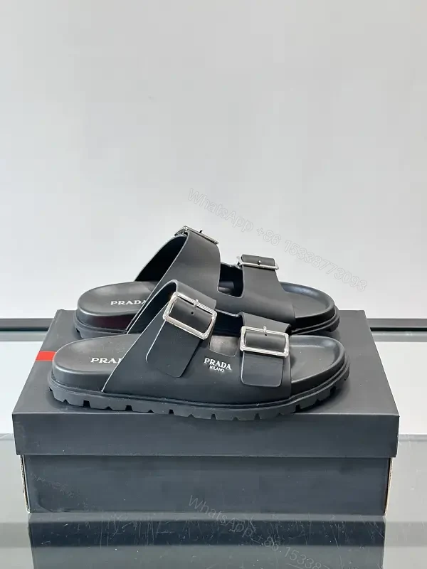 Black Leather Double-Buckle Sandals — Prada Style Sliders — view 1