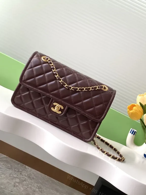 Burgundy Quilted Leather Shoulder Bag with Gold Chain — view 1