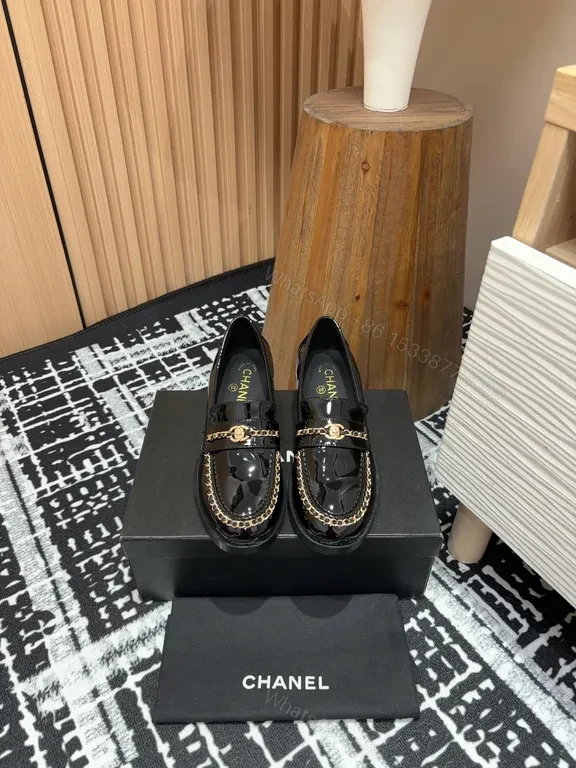 View 7 of Lux Black Patent Loafers with Gold Chain Detailing