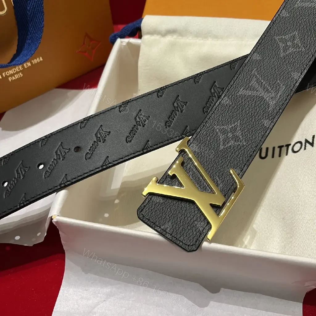 View 5 of Black Leather Belt, Embossed LV Motifs, Polished YSL-Style Buckle