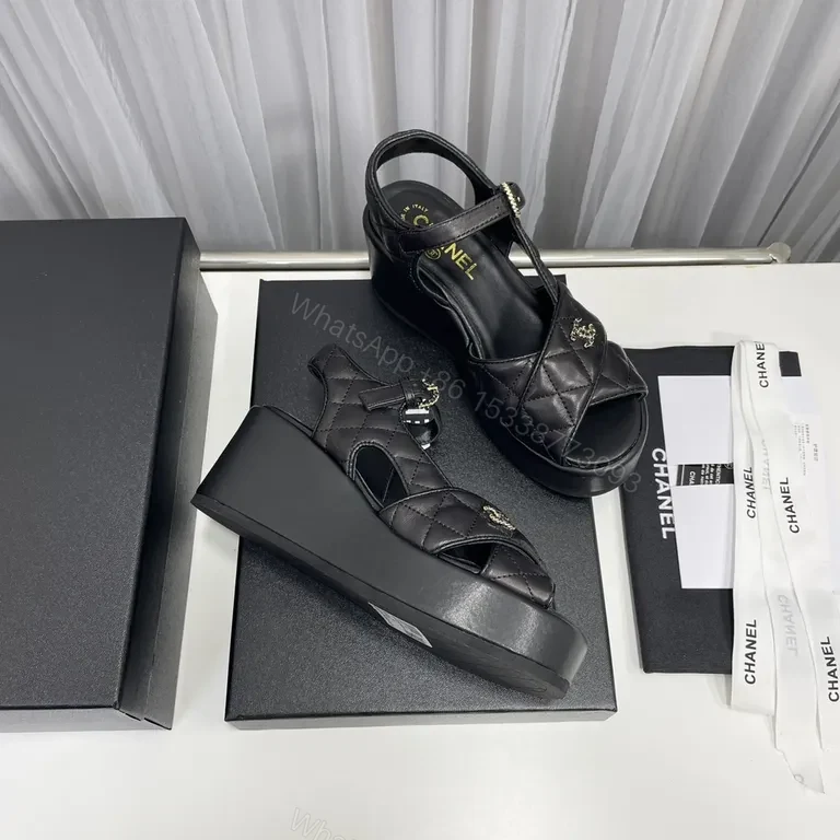 View 2 of Chanel-Inspired Quilted Platform Sandals â€“ Black, Gold Hardware