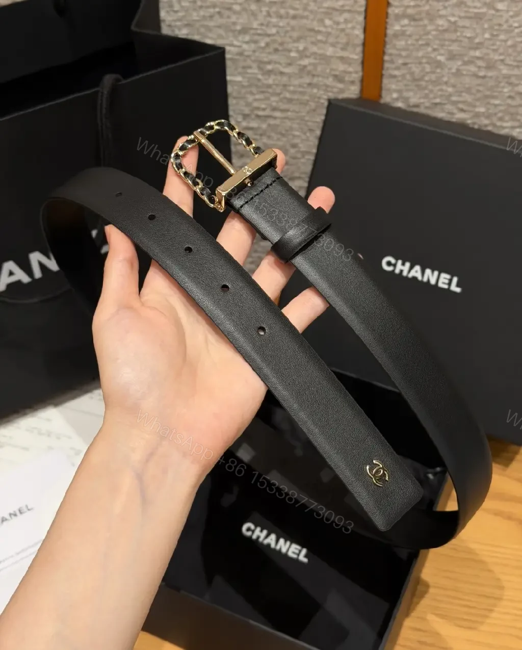 View 2 of Black Leather Belt Leather Luxury/Sleek Chain-Linked Buckle Accent Belt