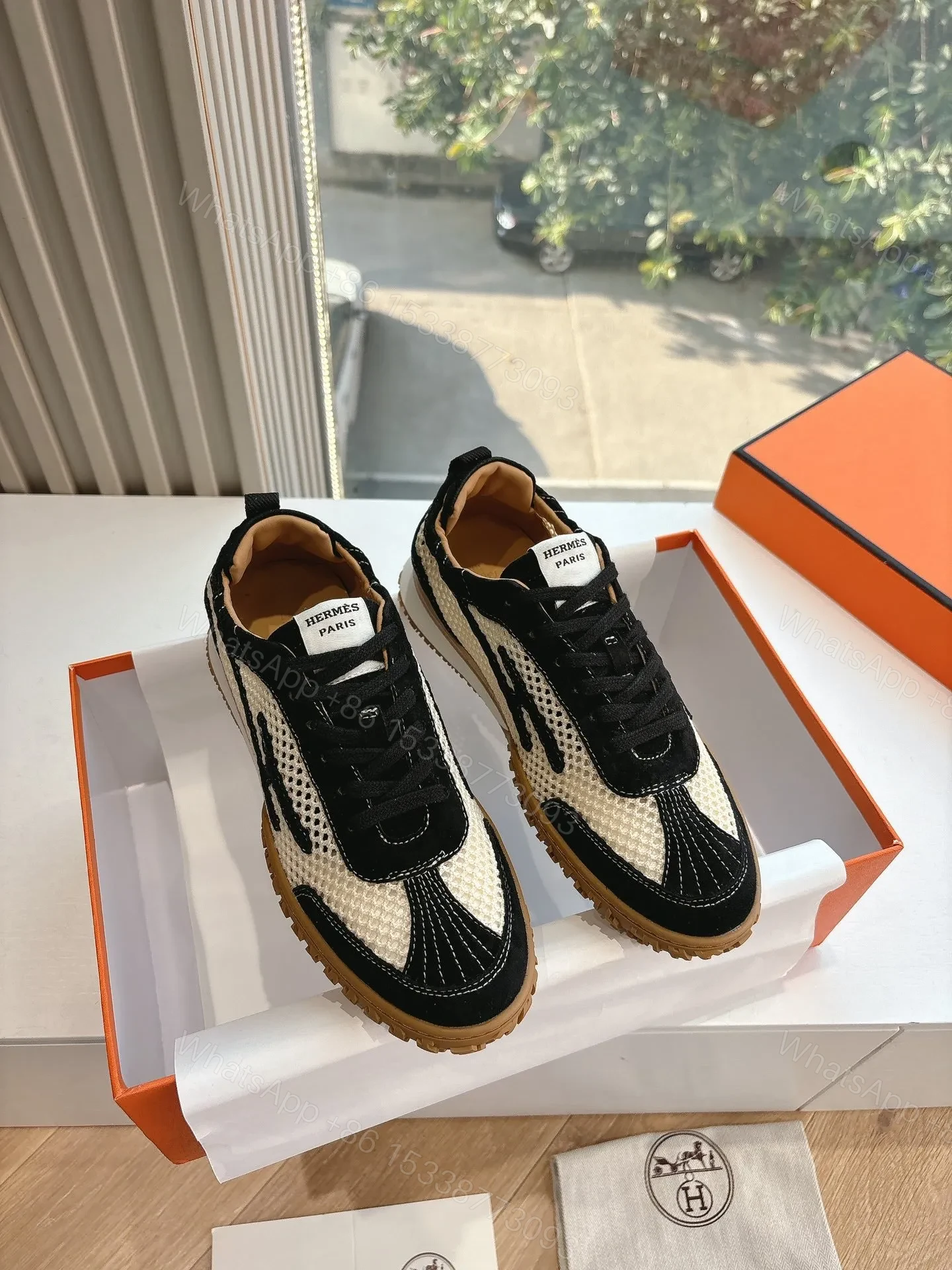 View 3 of Hermes Women Black And White Mesh Sneakers