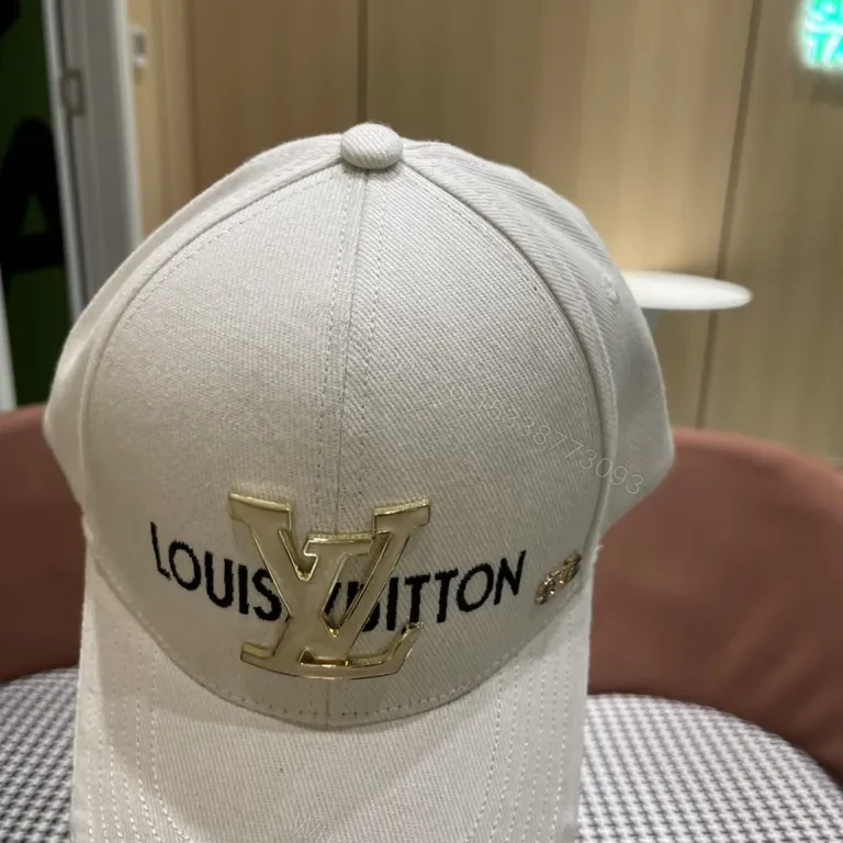 View 4 of Textured Cotton LV Cap: Gold Emblem Luxury Baseball Hat