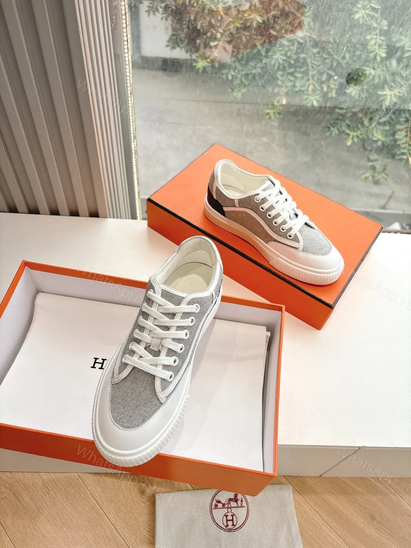 View 3 of Hermes Women White Gray Mesh Canvas Sneakers