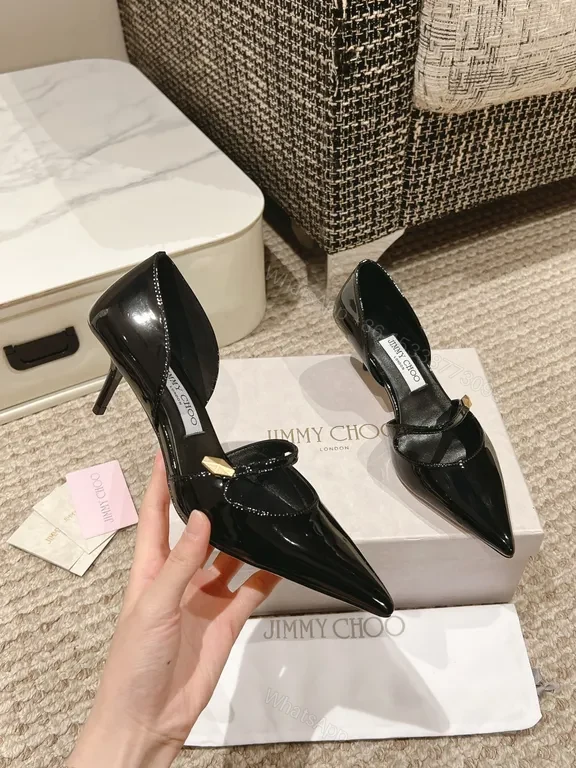 View 6 of Elegant Satin-Lined Pointed-Toe Heels with Gold Accent, Patent Black, Luxury Style, All-Day Comfort, Heels