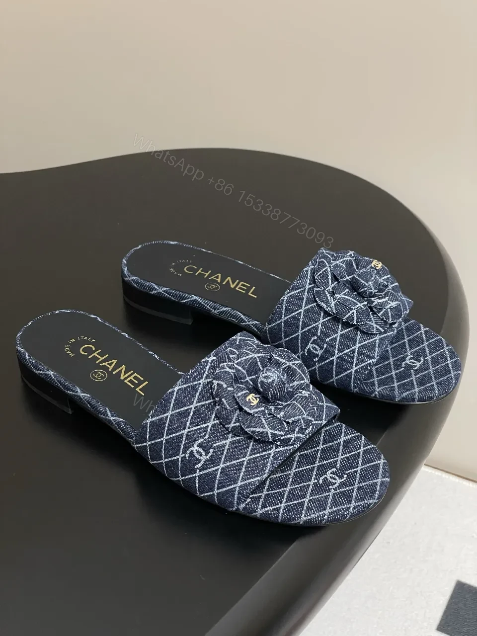 Denim Pattern Slip-Ons with Signature Flower Bow Mule — view 1