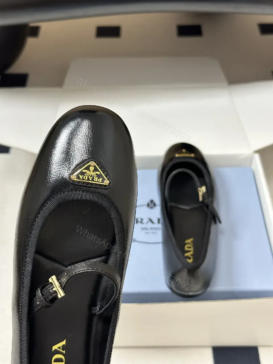 View 5 of Black Leather Ballerinas Prada Logo Classic Style Gossamer Comfort Shoes