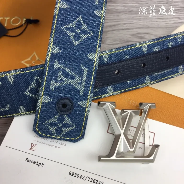 View 2 of Denim Monogram LV Beltâ€”Luxury Silver Buckle Accessory
