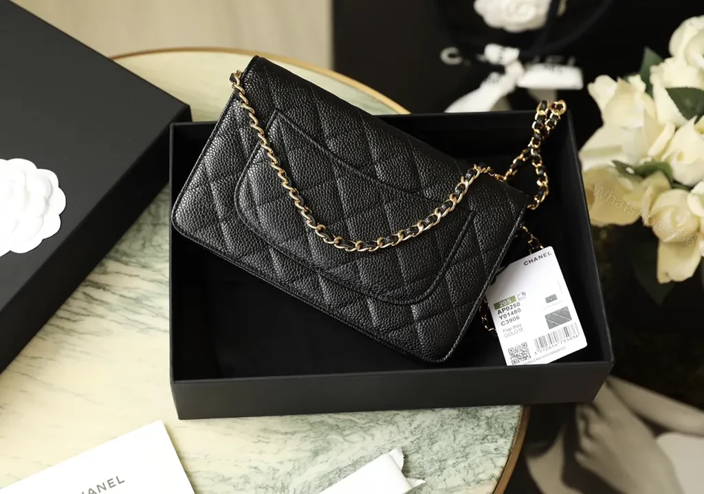 View 2 of Premium Quilted Wallet: Gold Logo, Caviar Leather, Compact Luxury