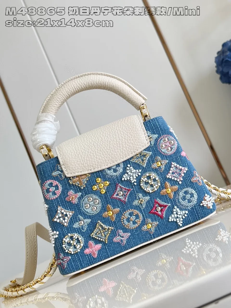 View 5 of Denim Embellished Mini Handbag with Signature Motif