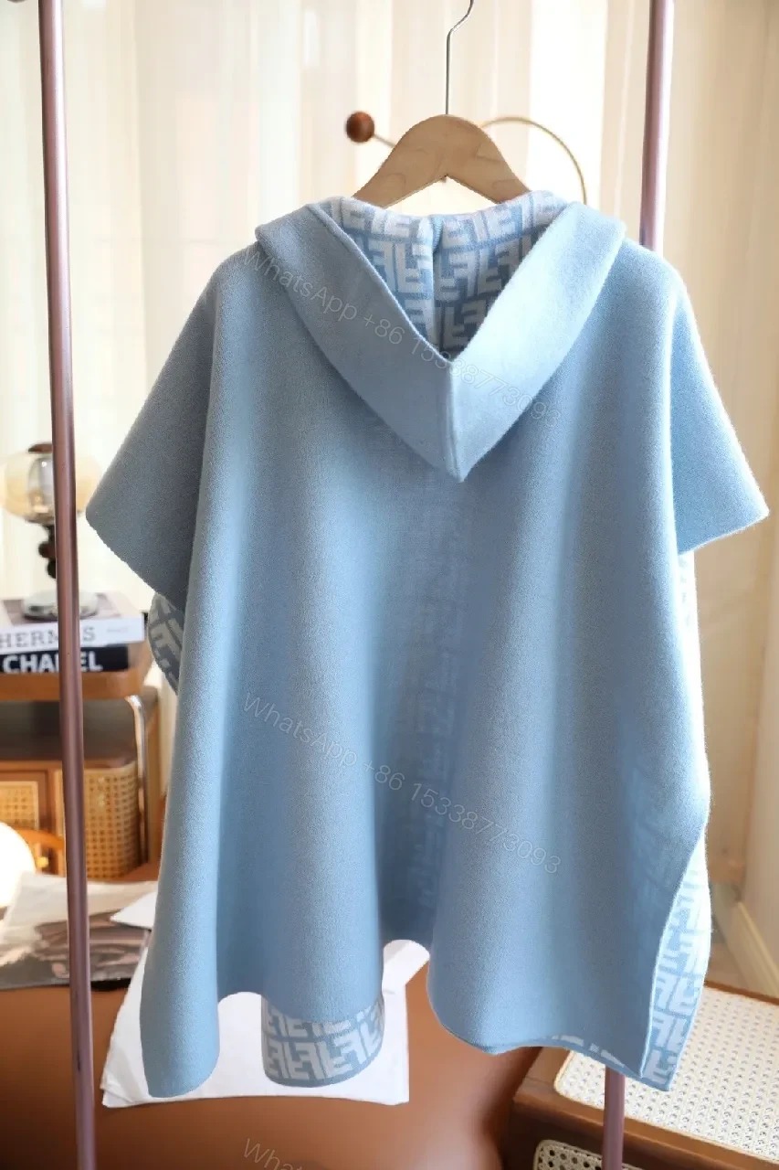 View 6 of Blue Knit Wrap Coat with Patterned Lining, Luxurious Cozy Style