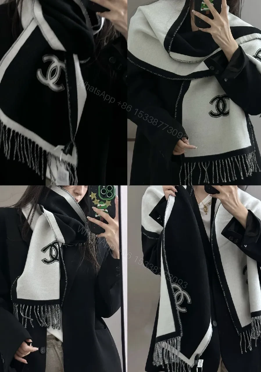 View 9 of Monochrome Knit Scarf: Two-Tone Luxe, Fringed Edge, Logo Motif