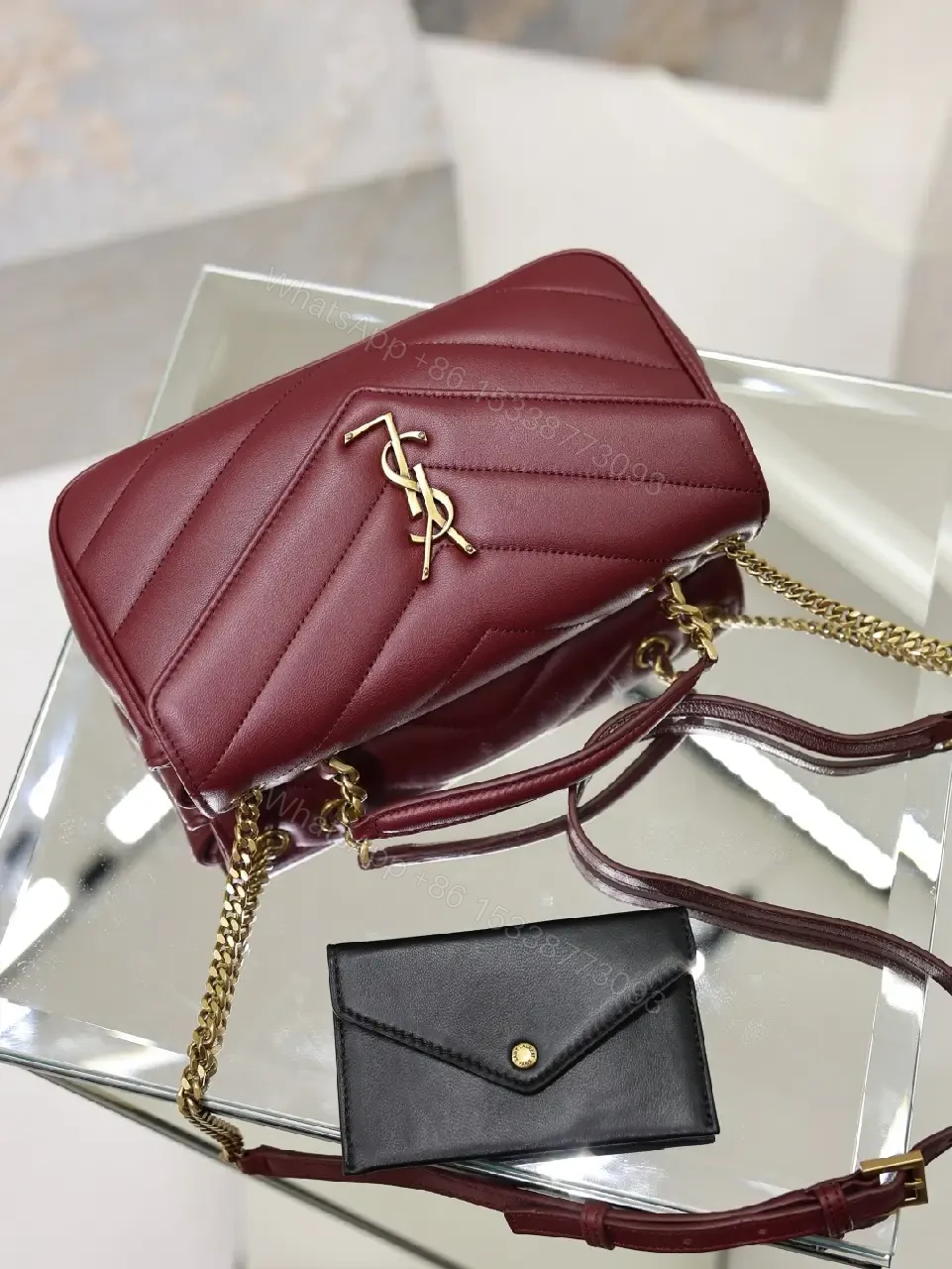 View 6 of Burgundy Leather Quilted Flap Bag with Gold YSL Clasp
