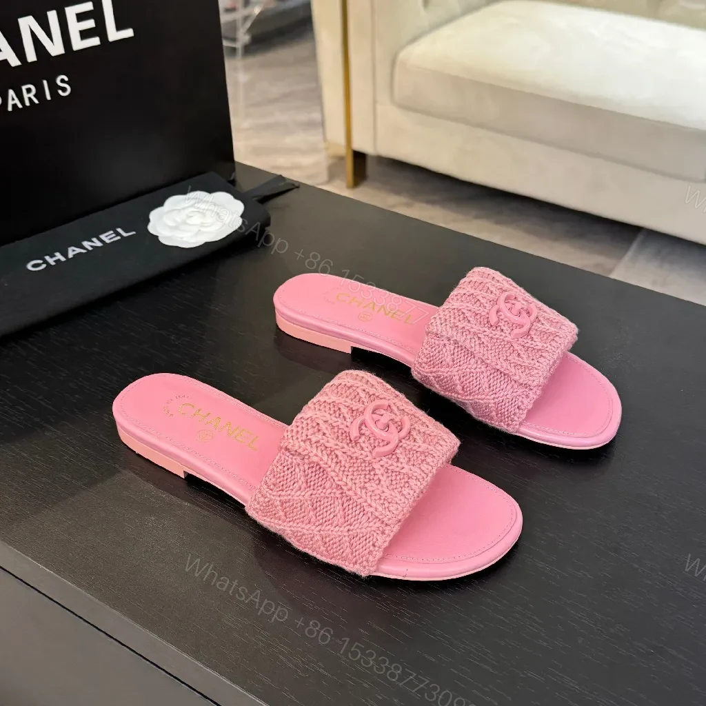 View 4 of Pink Knit-Trim Slides: Plush Couture-Inspired Comfort