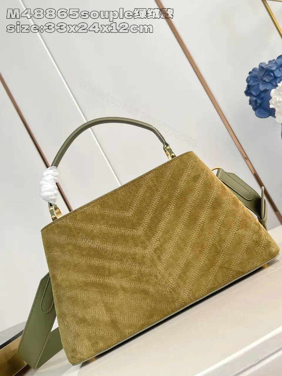 View 2 of Olive Suede Structured Handbag with Gold Accent
