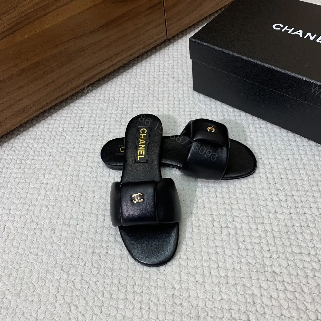View 10 of Black Leather Slide Gold CHANEL Logo Modern Comfort Fit Sandals