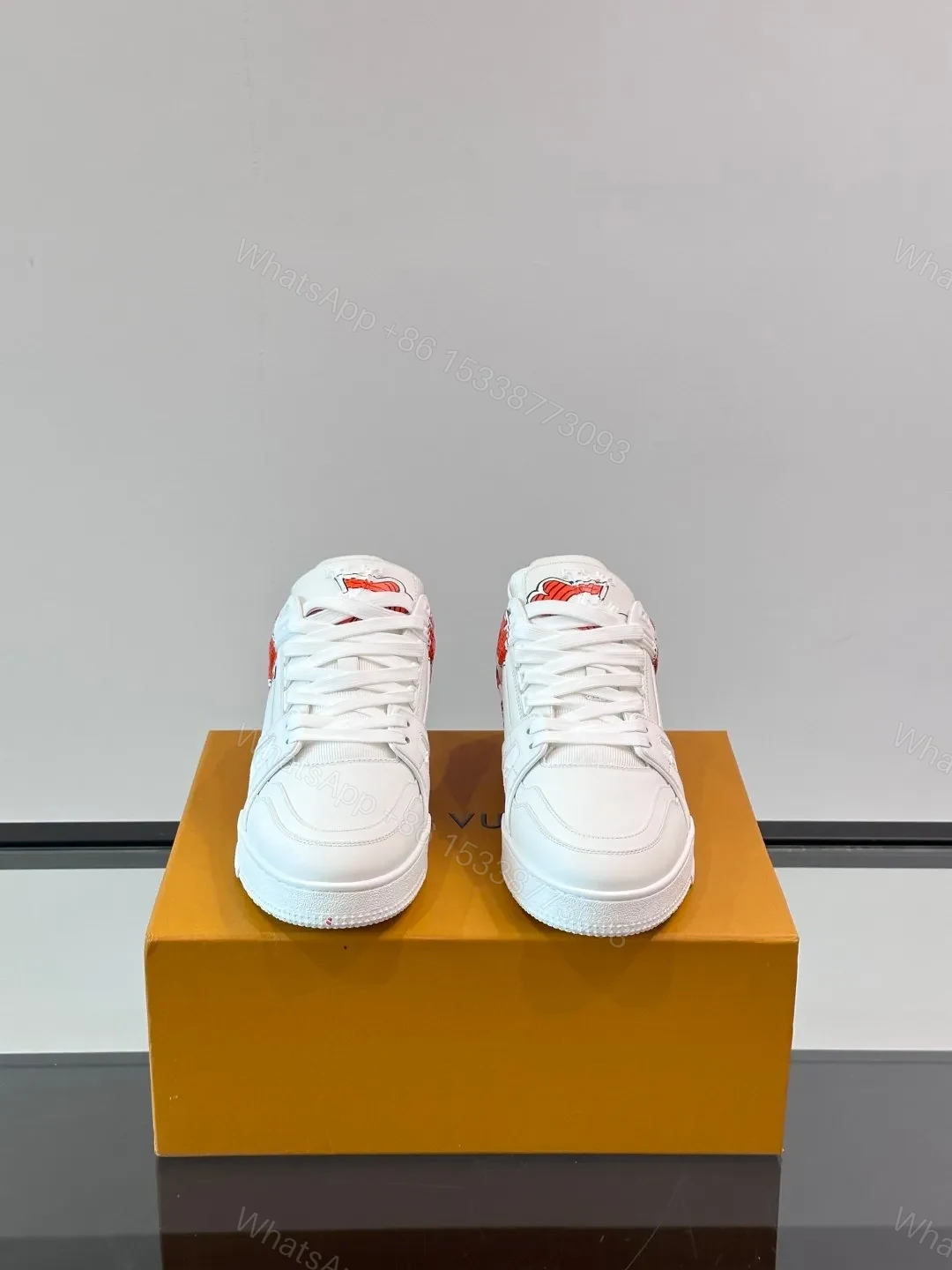 View 2 of LV Men White Leather Sneakers With Red Floral Design