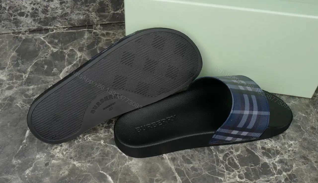 View 3 of Blue Plaid Slide Sandals with Burberry Design