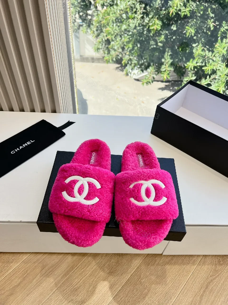 View 7 of Vibrant Plush Slides - Hot Pink, Plush, Open-Back Comfort