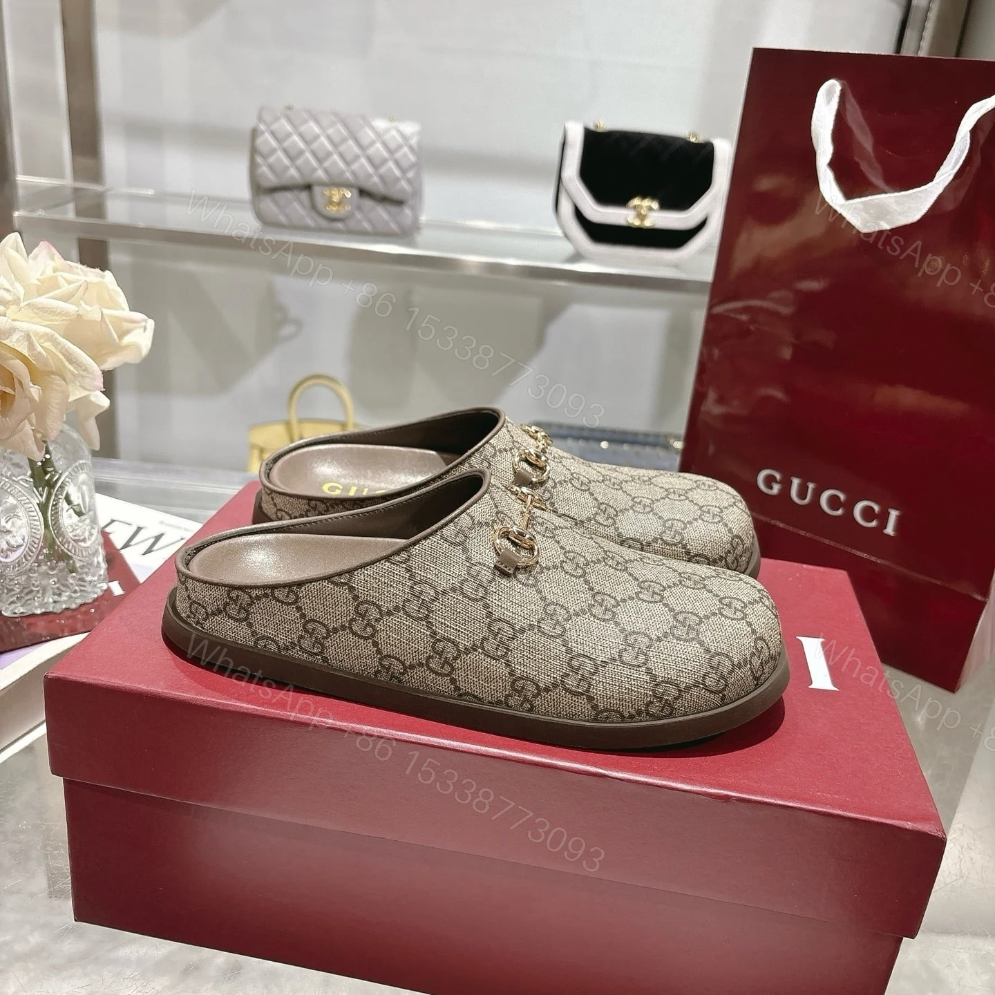 View 5 of GUCCI WOMEN MULE WITH HORSEBIT CAMEL AND DARK BROWN GG CANVAS 837130 FAB10 2543