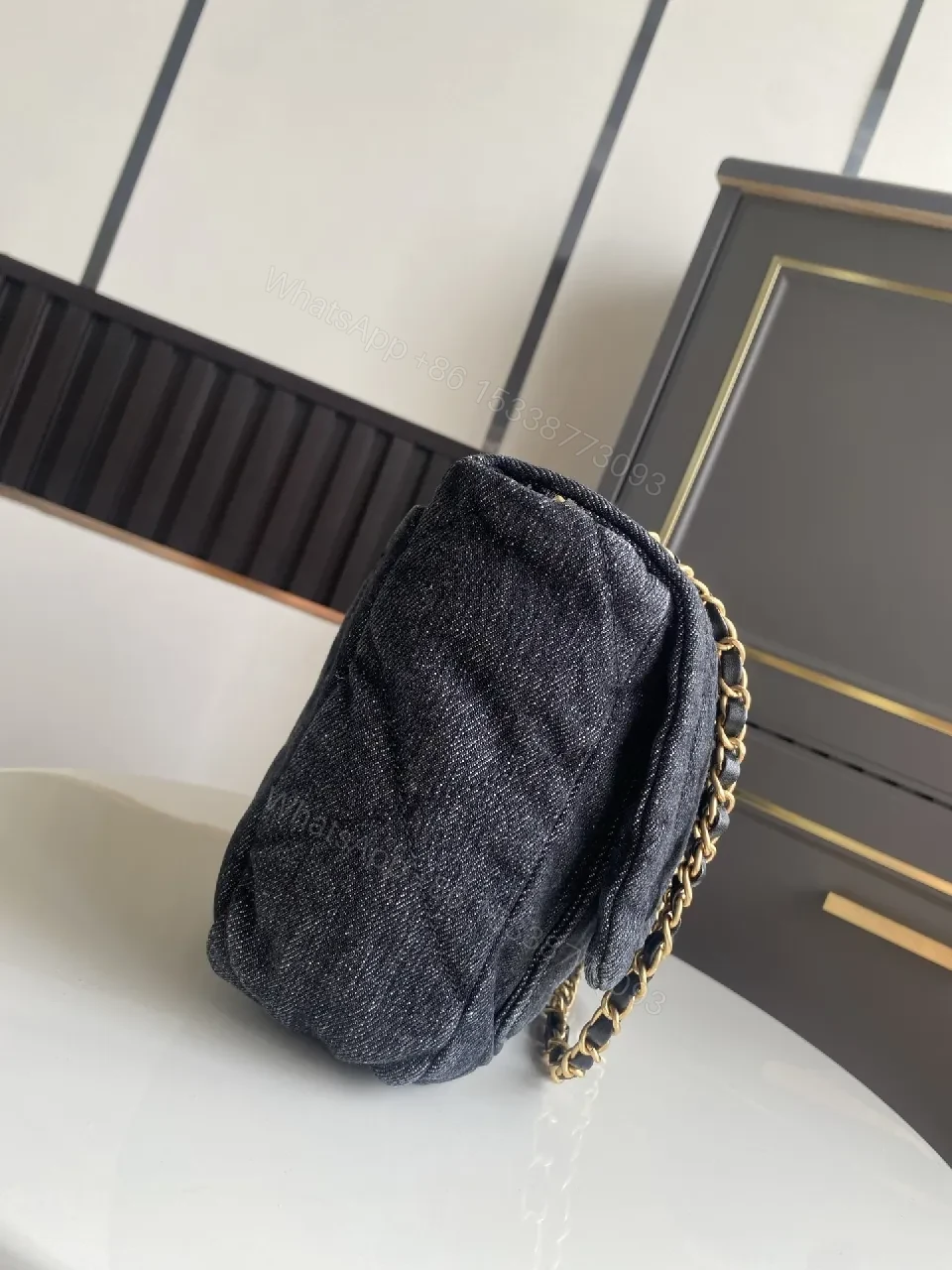 View 3 of Denim-Texture Shoulder Bag: Modern Luxe, Gold-Tone Accent