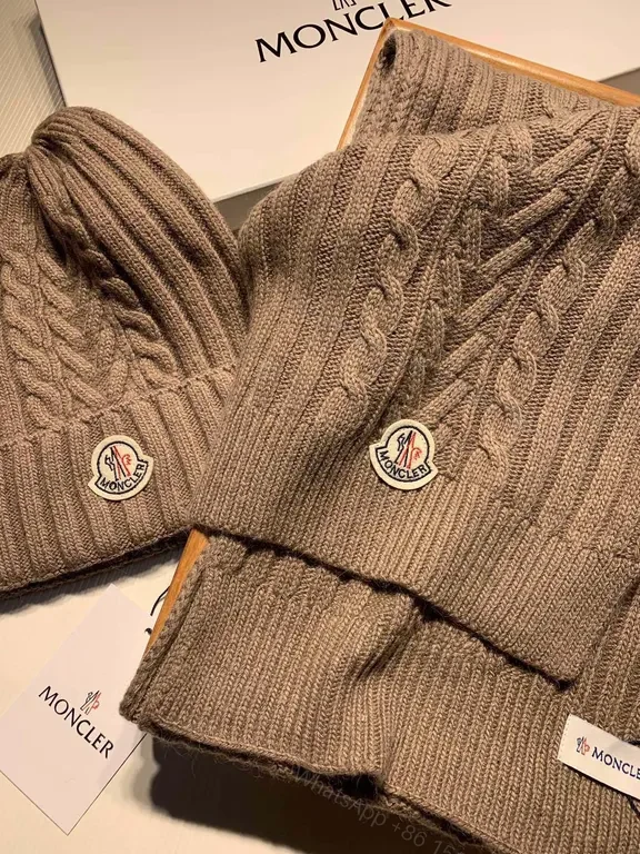View 7 of Taupe Wool-Blend Moncler Knit Set: Beanie & Scarf, Luxury Winter