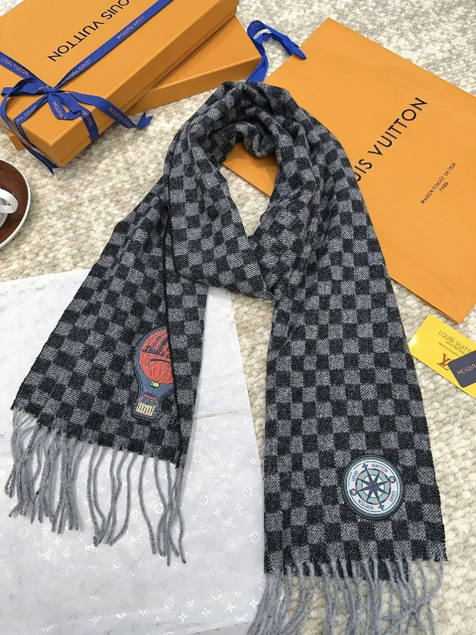 Charcoal Charme Knit Scarf with Patch Fringe Detail — view 1