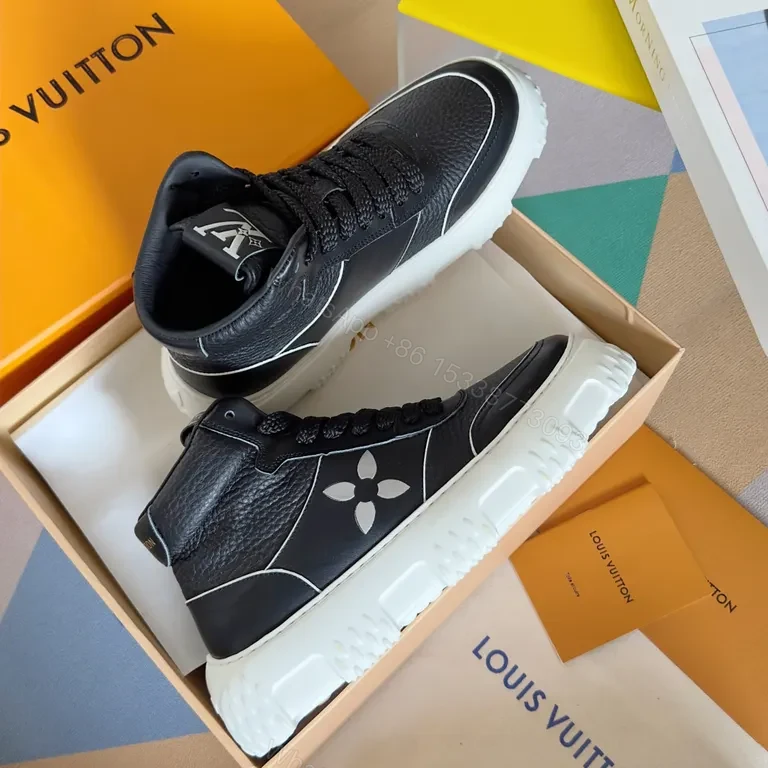 View 5 of Black Leather High-Top Sneakers with LV Detail