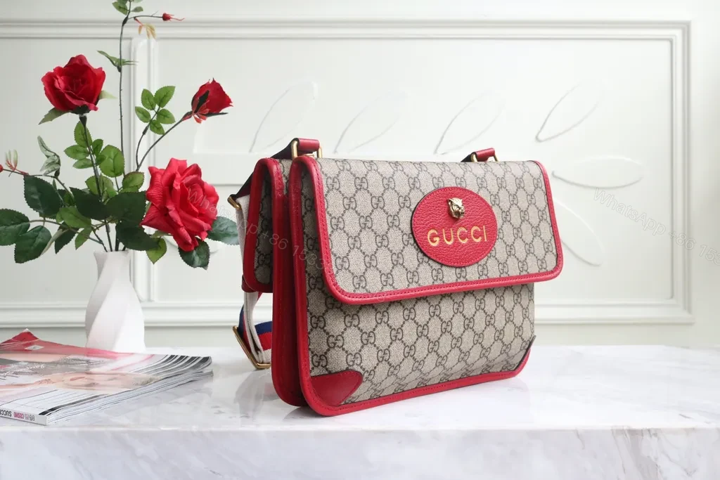 View 8 of G GG Canvas Crossbody: Red Leather Trim, Striped Strap