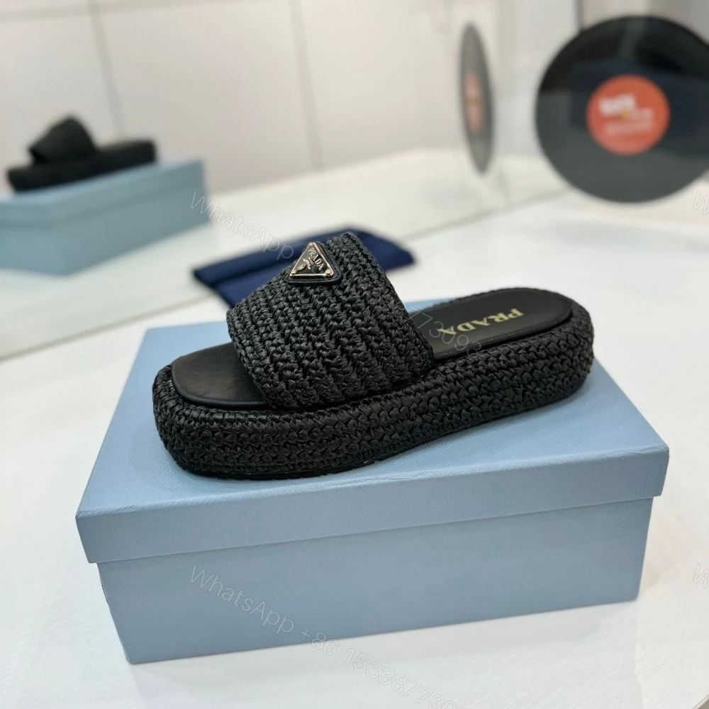 View 5 of Prada Natural Crochet Flatform Slides Gold Hardware Black