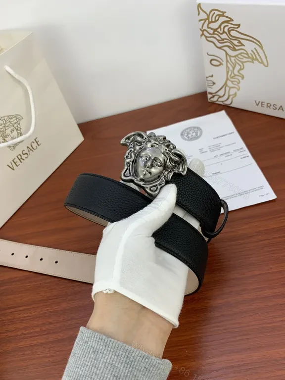 View 6 of Medusa Buckle Leather Belt - Luxury Gold Accent, Versace-inspired Style