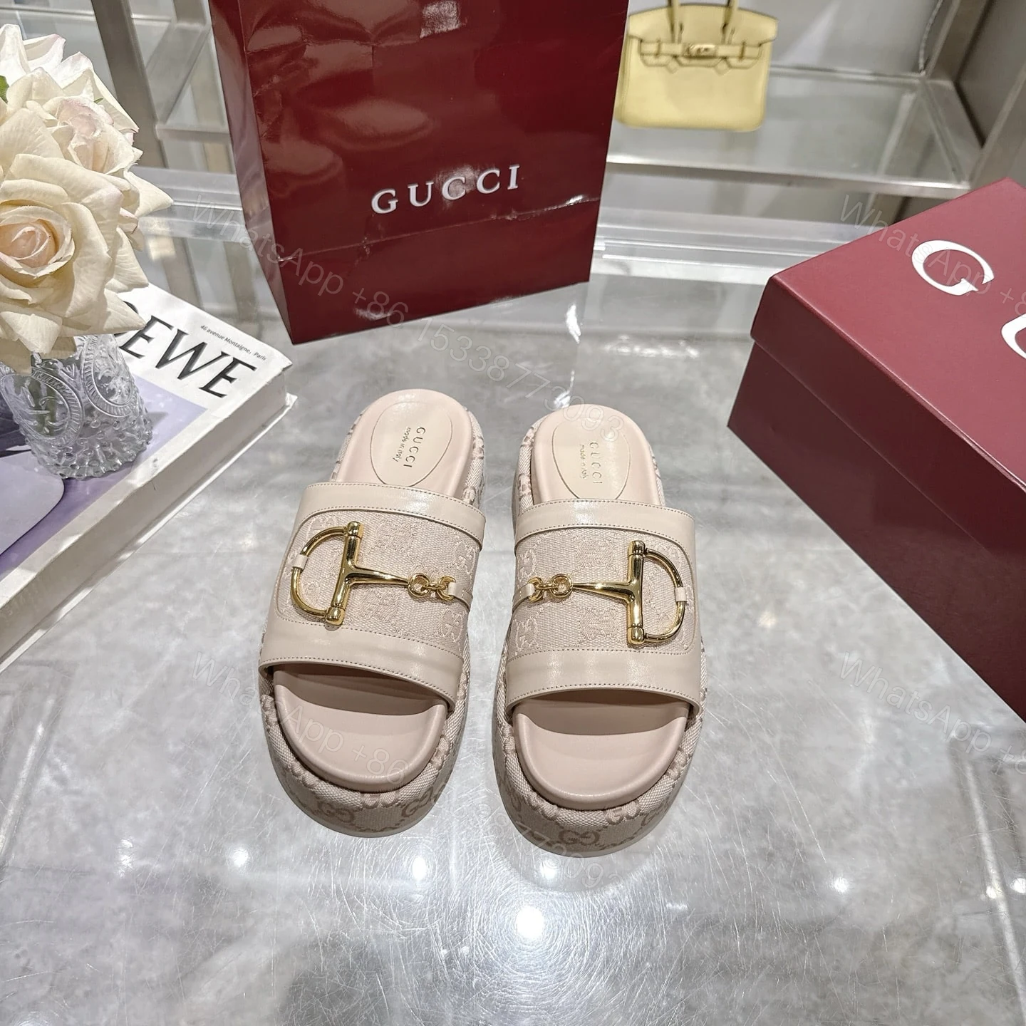 View 3 of GUCCI WOMEN’S PLATFORM SLIDES WITH HORSEBIT BEIGE