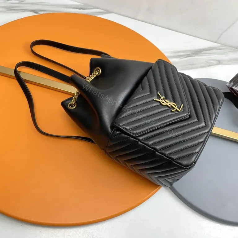 View 6 of Chic Leather Quilted Bucket Bag with Gold Monogram