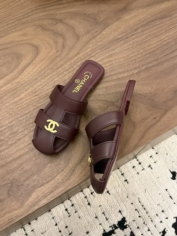 Brown Leather Sandals, Gold CHANEL Logo, Slides, Open-Toe Style — view 1