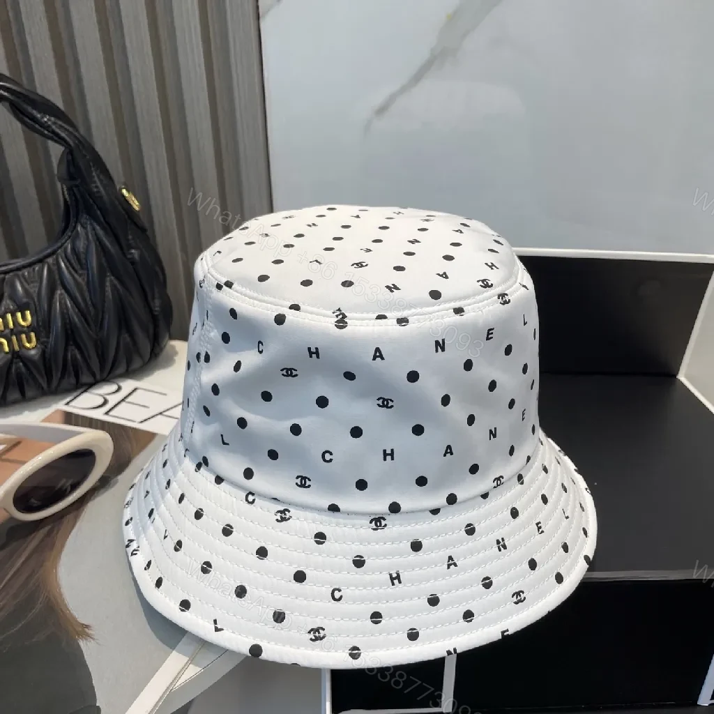 View 4 of White Polka Dot Bucket Hat with Subtle Logo, Cotton-Blend