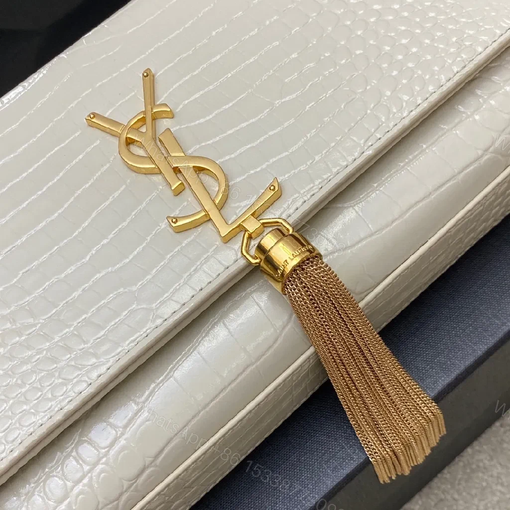 View 2 of Croc-Texture Clutch with Gold Monogram Tassel