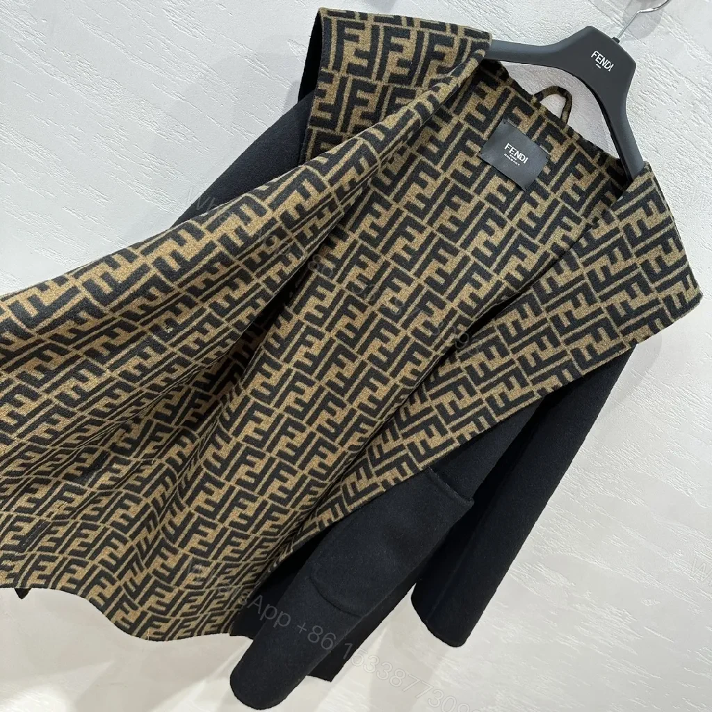 View 7 of Bold Wool-Blend Wrap Coat with Logo-Pattern Overlay