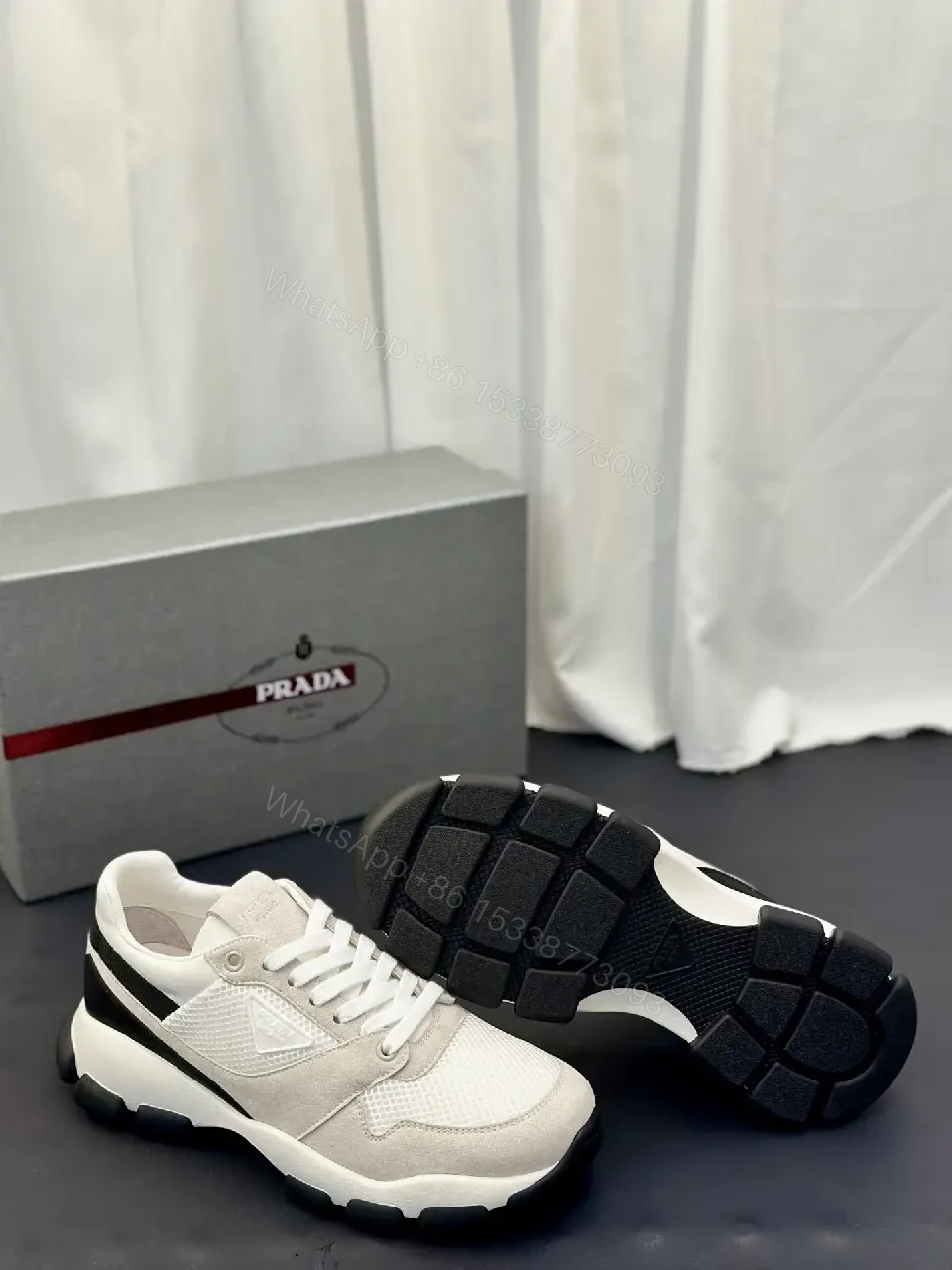 View 7 of Beige Leather Mesh Runner Sneaker with Black Accent, Prada Style