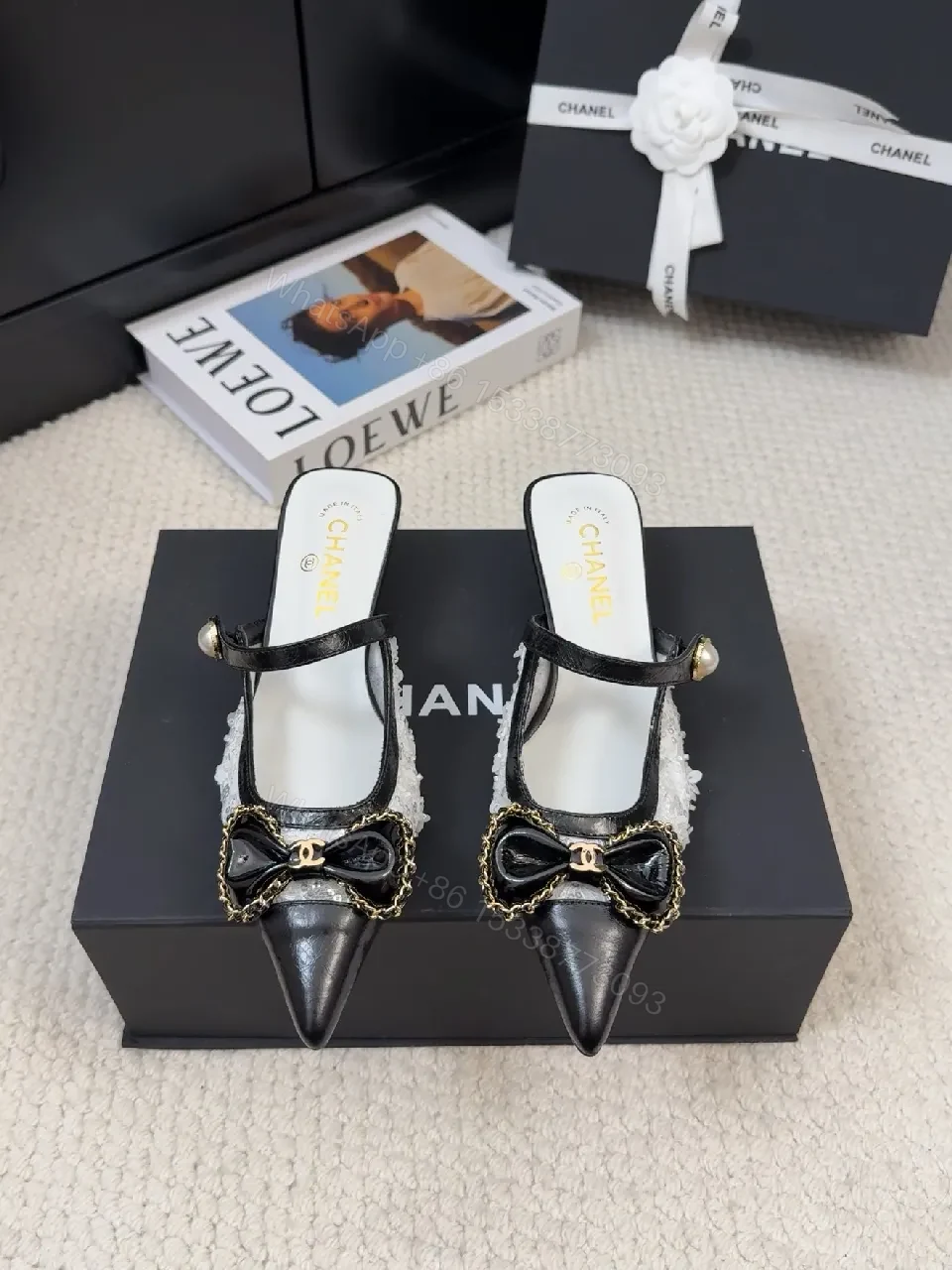 View 6 of Chic Pointed-Toe Mules with Lace Bow Detail, Open- Heel footwear