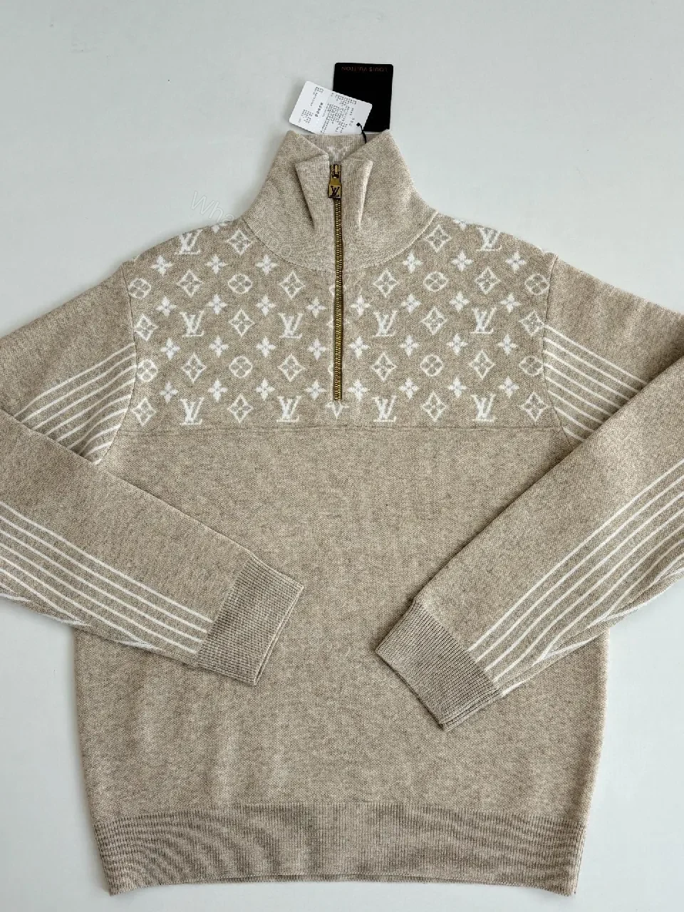 View 9 of Taupe Knit Pullover with LV Monogram, Half-Zip, Luxe Casual Style